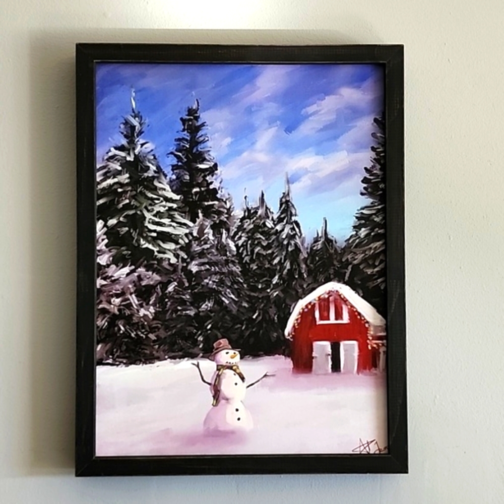 Red Barn, Snowman, Pine trees Winter Scene by A.V.Art